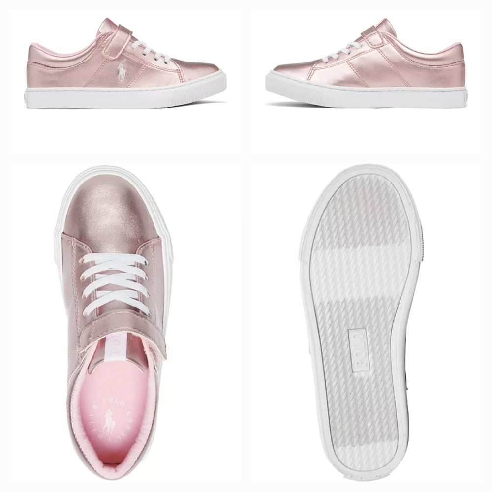 Polo Ralph Lauren Elmwood Velcro Sneakers Metallic Pink Girl's Sz 7 - Picture 3 of 15